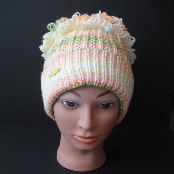 Hand Knitted Hat Toque Adult Size - L-M  Acrylic Pink/Yellow 026 Hand knit by me - Picture 5 of 7